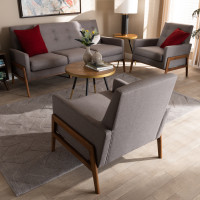 Baxton Studio BBT8042-Grey/Walnut-3PC Set Perris Mid-Century Modern Light Grey Fabric Upholstered Walnut Finished Wood 3-Piece Living Room Set